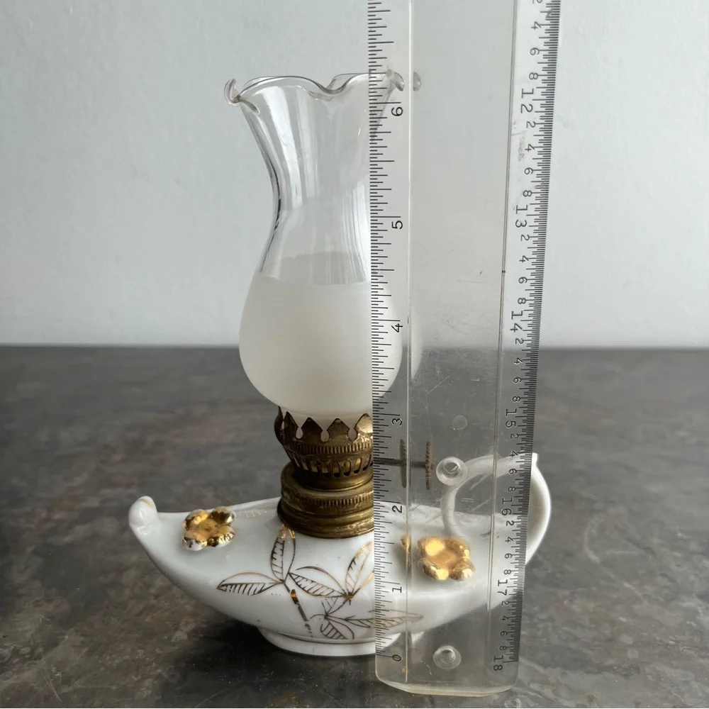 Antique Miniature ‘Aladdin’ Style Oil Finger Lamp with gold leaf design